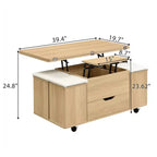 Multifunctionele moderne salontafel met hefbaar blad en verborgen opbergruimte, 4 krukken en zwenkwielen, perfect voor moderne woonruimtes