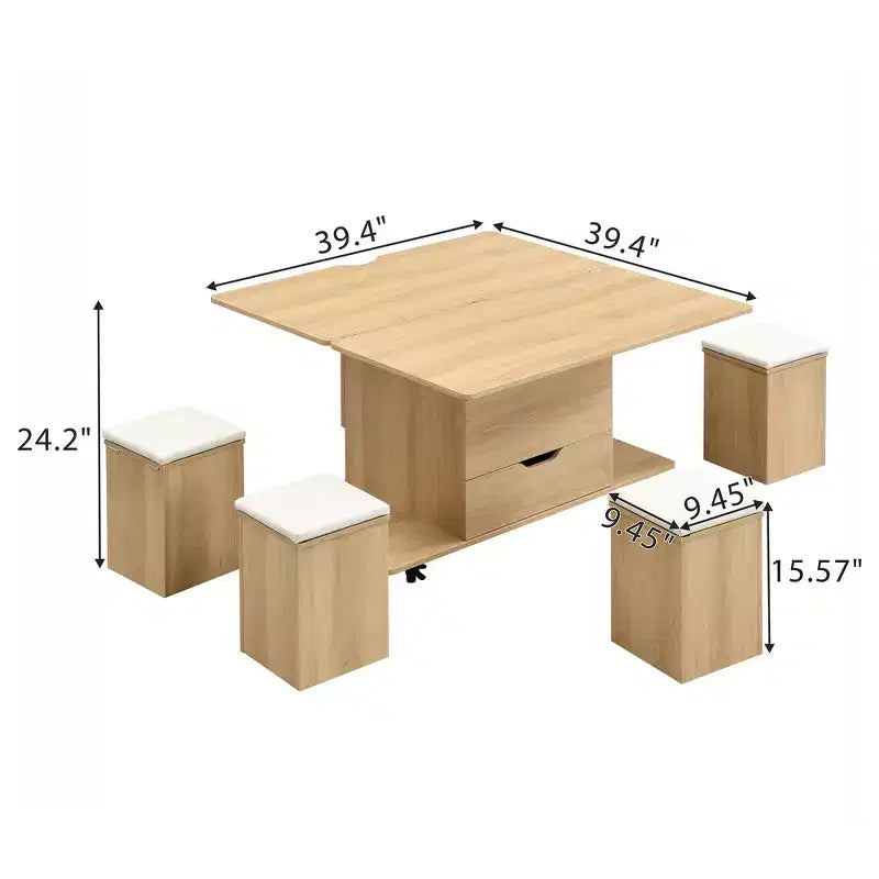 Multifunctionele moderne salontafel met hefbaar blad en verborgen opbergruimte, 4 krukken en zwenkwielen, perfect voor moderne woonruimtes
