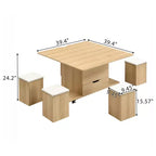 Multifunctionele moderne salontafel met hefbaar blad en verborgen opbergruimte, 4 krukken en zwenkwielen, perfect voor moderne woonruimtes
