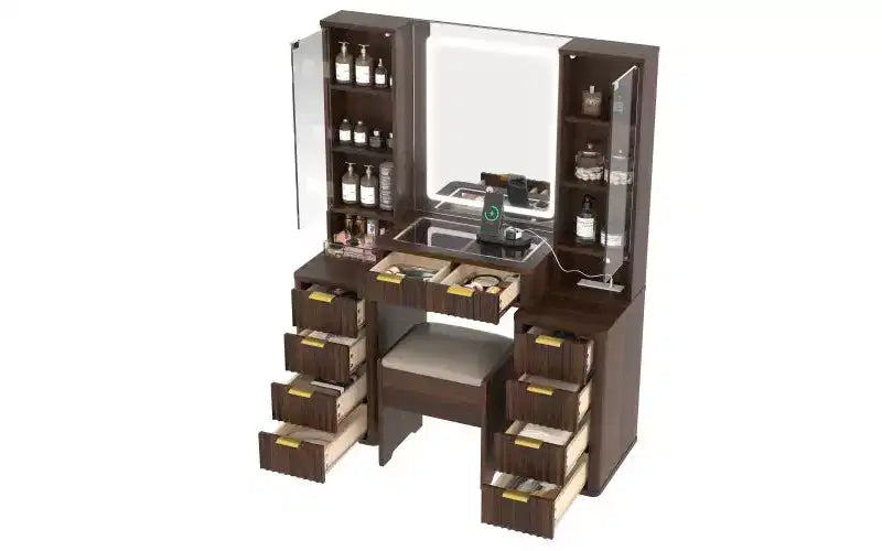 JVNOXK Μοντέρνο σετ μπουντουάρ 43.5 ιντσών με καθρέφτη και φωτισμό, συρτάρια και ντουλάπι με διάφανο γυαλί, περιλαμβάνει σκαμπό και σταθμό φόρτισης, καφέ
