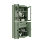 Armario despensa 100 % de madera maciza con puertas de vidrio esmerilado, puertas sólidas, 2 cajones y estantes ajustables