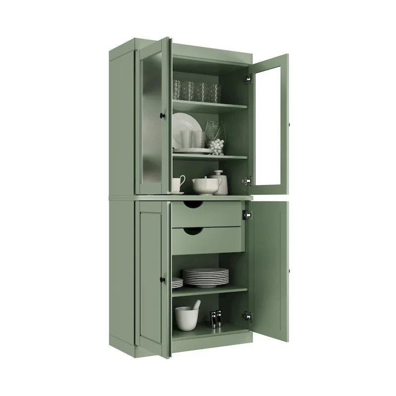 Speisekammerschrank aus 100 % Massivholz mit Milchglastüren, blickdichten Türen, 2 Schubladen und verstellbaren Einlegeböden