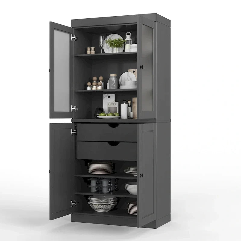 Armario despensa 100 % de madera maciza con puertas de vidrio esmerilado, puertas sólidas, 2 cajones y estantes ajustables