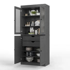 Armario despensa 100 % de madera maciza con puertas de vidrio esmerilado, puertas sólidas, 2 cajones y estantes ajustables