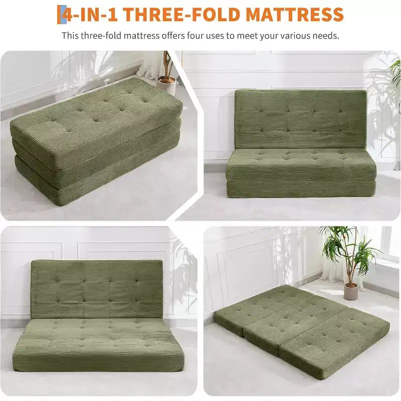 Matelas pliable en trois parties de 15 cm SunnyFurn, canapé-lit, 190,5 x 137,9 cm, lit d’appoint pliable en mousse avec velours côtelé matelassé, portable pour le camping, le salon ou la chambre