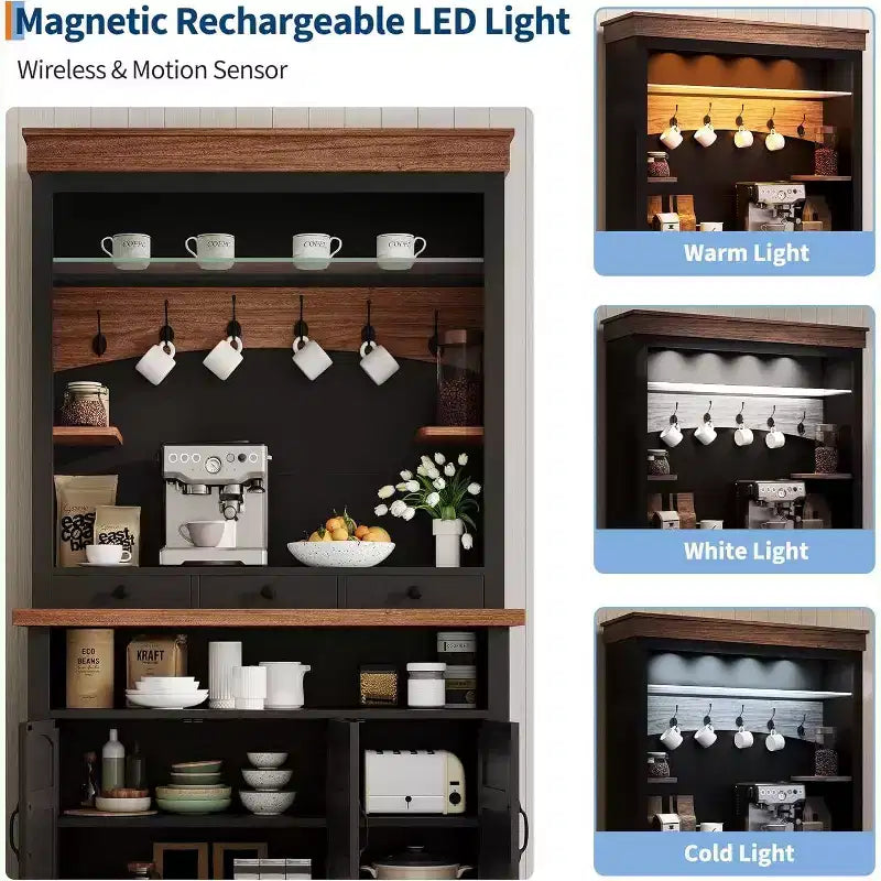 Mobile bar da caffè alto 72" in stile rustico con luci LED, credenza da cucina con ante e cassetto, ripiani regolabili, ampio spazio di archiviazione