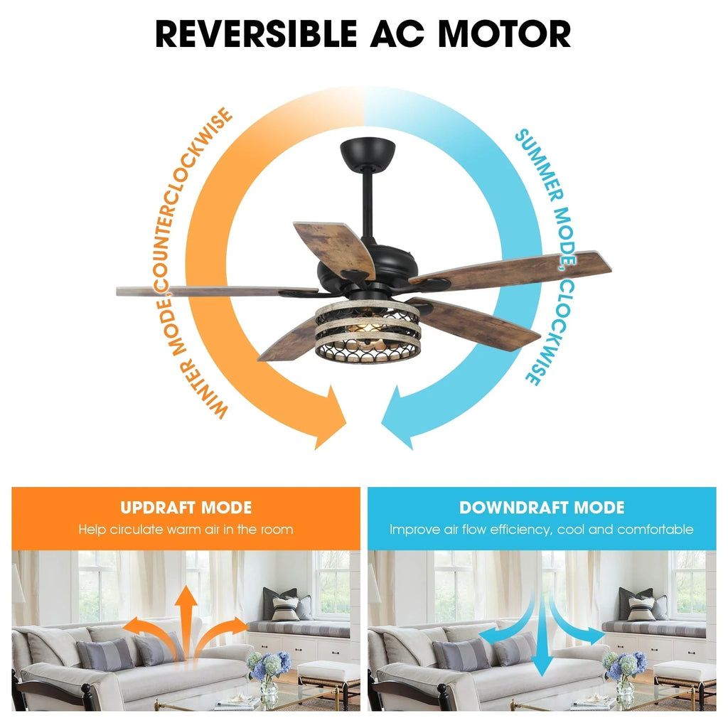52 Deckenventilator im Landhausstil mit Treibholzoptik, 5 schwarzen Flügeln, Käfigdesign und Fernbedienung