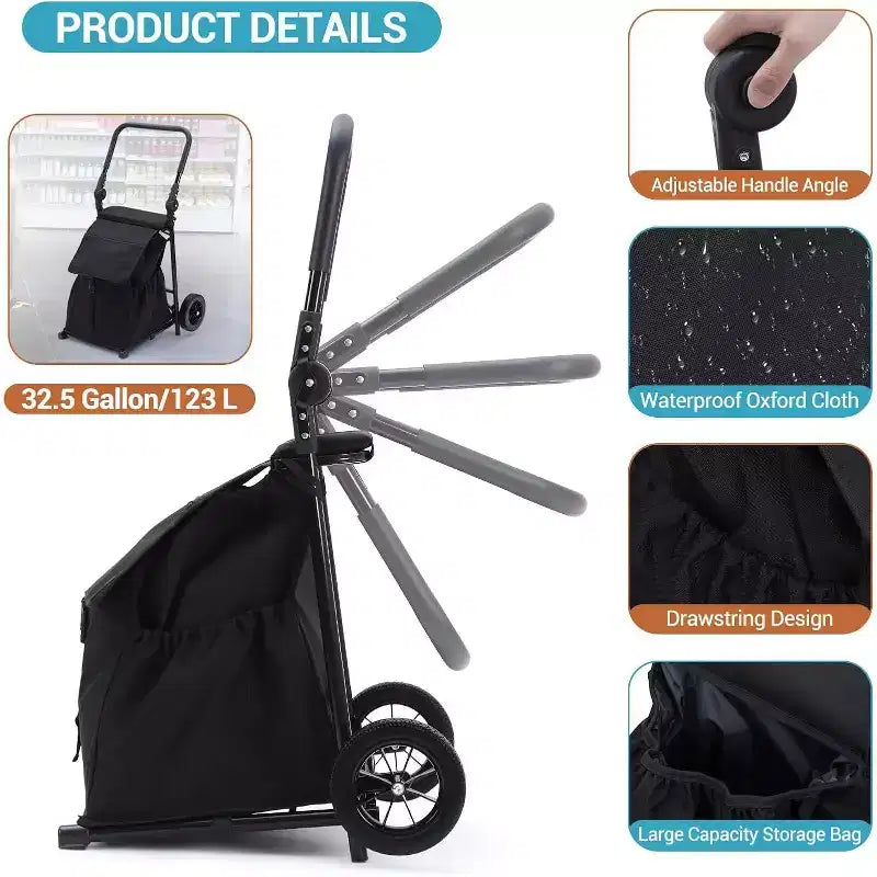 Carrello portapacchi pieghevole 2-in-1 Acekool con borsa impermeabile rimovibile, cuscino del sedile spesso e maniglia regolabile antiscivolo, nero