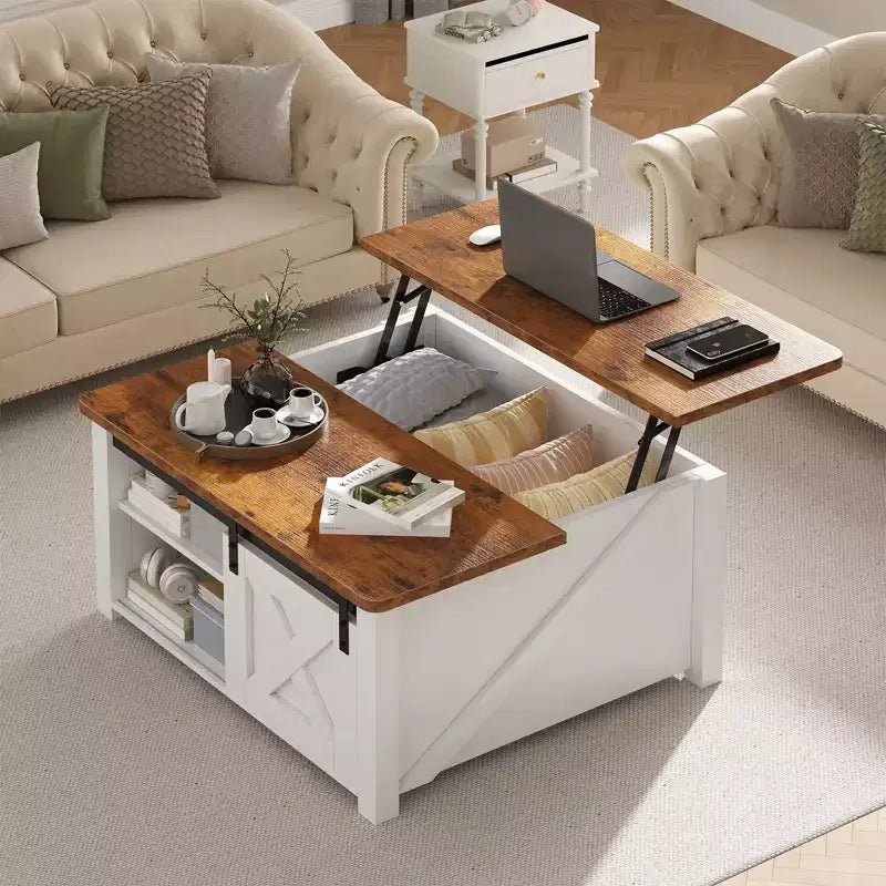 JIONJOY 31,5-Zoll-Couchtisch mit Liftplatte und großem verstecktem Stauraum, verstellbaren Einlegeböden, quadratischer Landhausstil-Mitteltisch für Wohnzimmer und kleine Räume