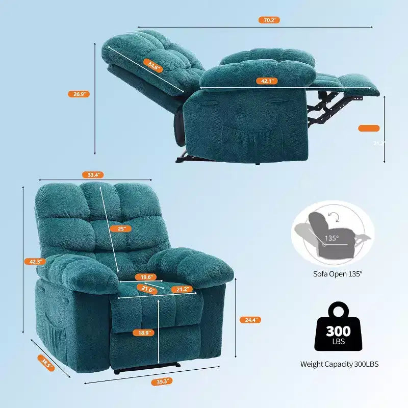 Sillón reclinable manual de tela transpirable y ergonómica con bolsillos laterales, sofá individual, adecuado para la sala de estar o el dormitorio
