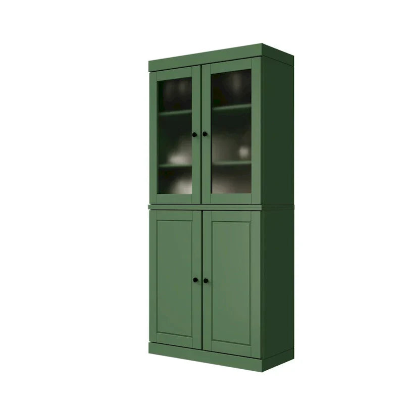 Armario despensa 100 % de madera maciza con puertas de vidrio esmerilado, puertas sólidas, 2 cajones y estantes ajustables