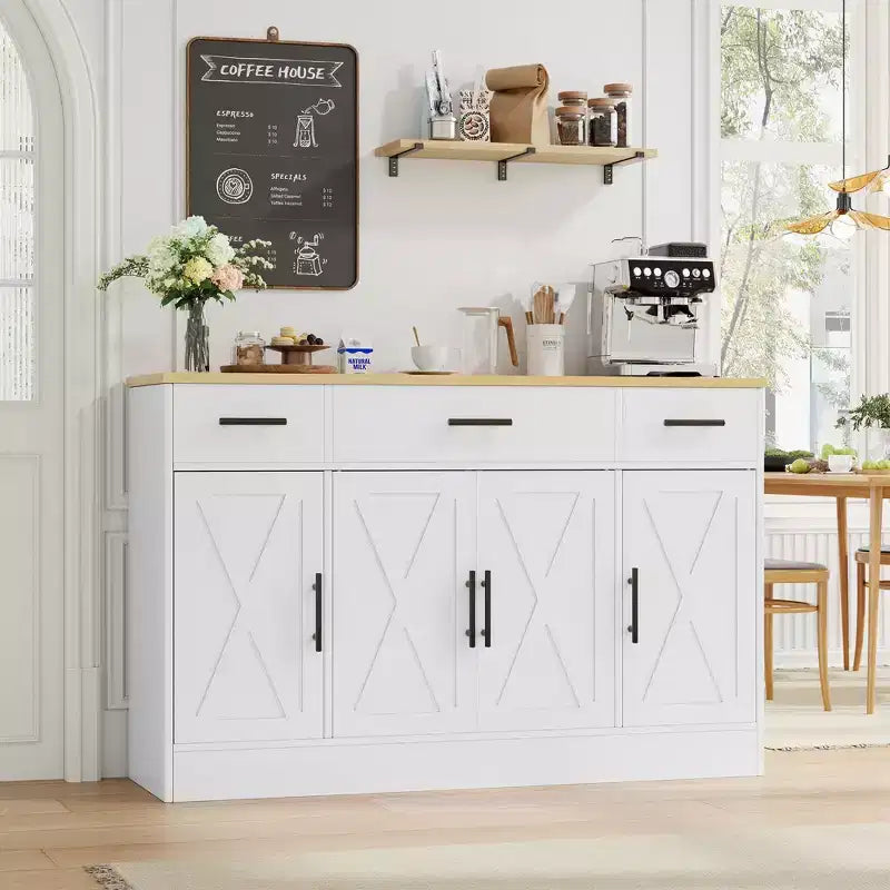 Celebalcony Buffet-Schrank mit Stauraum, 53,4 Zoll großer Küchenschrank mit 3 Schubladen und 4 Türen, verstellbarem Einlegeboden für Küche und Wohnzimmer