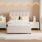 Letto contenitore rialzabile singolo Bellemave, letto a piattaforma imbottito con sistema di contenimento idraulico, testiera a righe verticali, beige