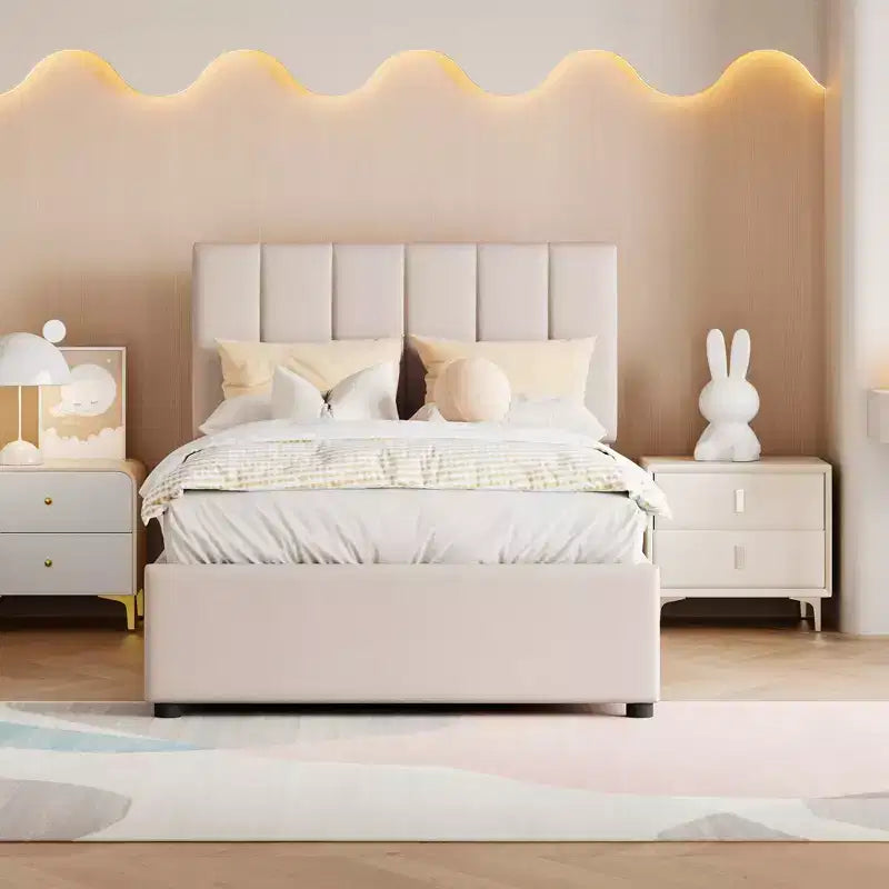 Letto contenitore rialzabile singolo Bellemave, letto a piattaforma imbottito con sistema di contenimento idraulico, testiera a righe verticali, beige
