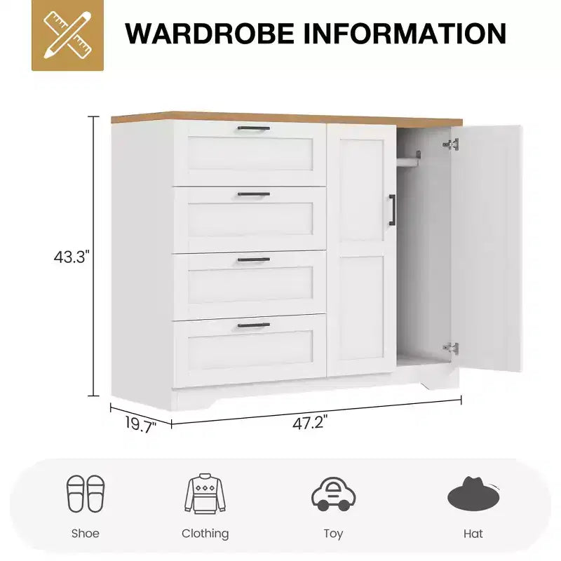 Armario ropero de madera de 43,3 pulgadas de alto con 4 cajones y barra para colgar, gabinete multifuncional de almacenamiento de ropa para dormitorio con cómoda
