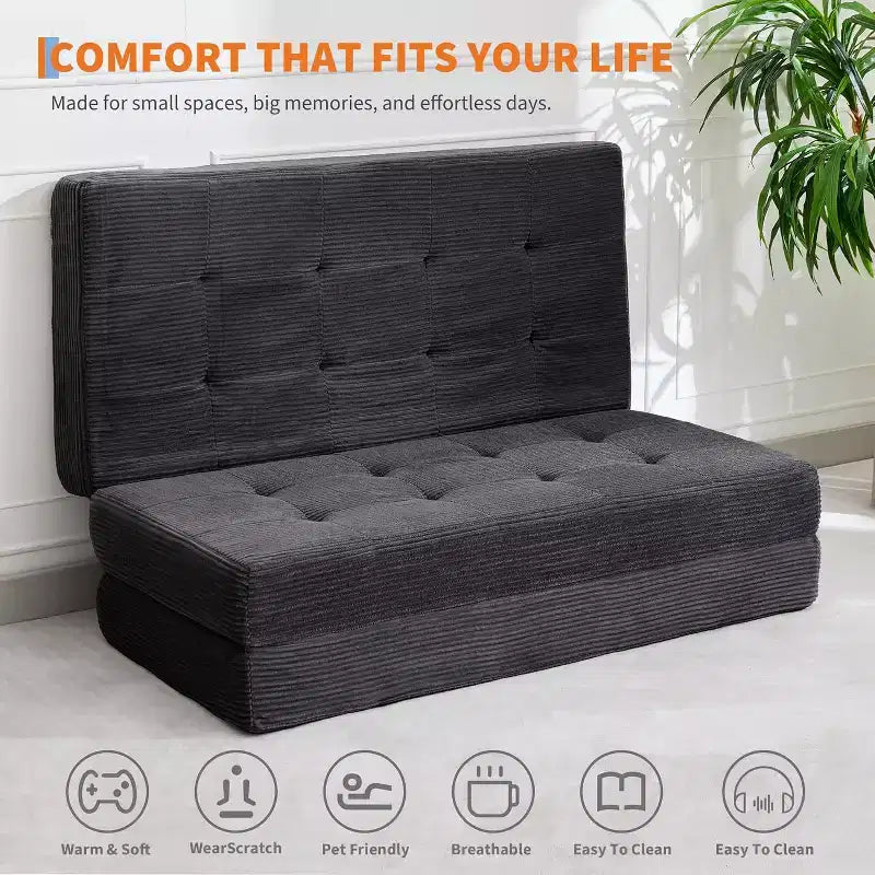 Matelas pliable en trois parties de 15 cm SunnyFurn, canapé-lit, 190,5 x 137,9 cm, lit d’appoint pliable en mousse avec velours côtelé matelassé, portable pour le camping, le salon ou la chambre