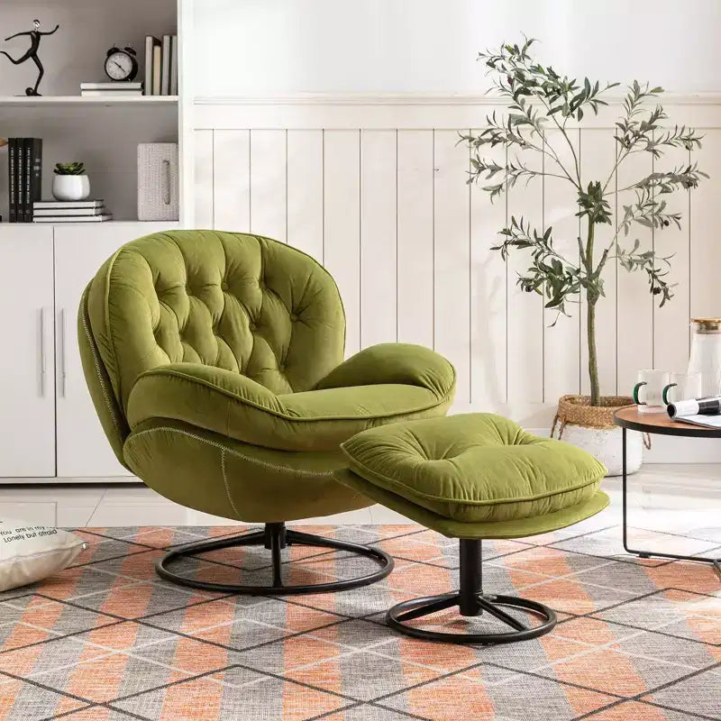 Poltrona decorativa in velluto Okak con pouf, stile moderno di metà secolo, senza braccioli, morbida e comoda per guardare la TV e giocare
