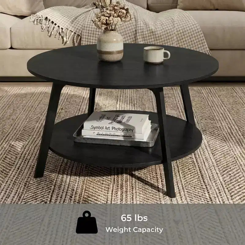 Tavolino da caffè rotondo color miele con 2 livelli contenitori, misura 31,5 x 17,7 pollici, ideale per il soggiorno