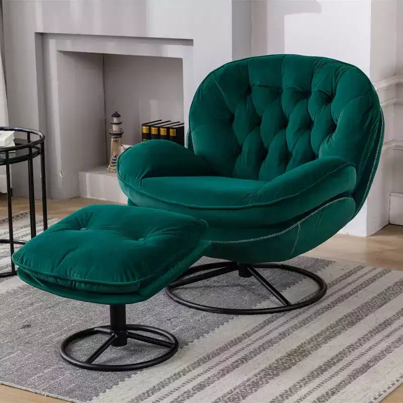 Poltrona decorativa in velluto Okak con pouf, stile moderno di metà secolo, senza braccioli, morbida e comoda per guardare la TV e giocare