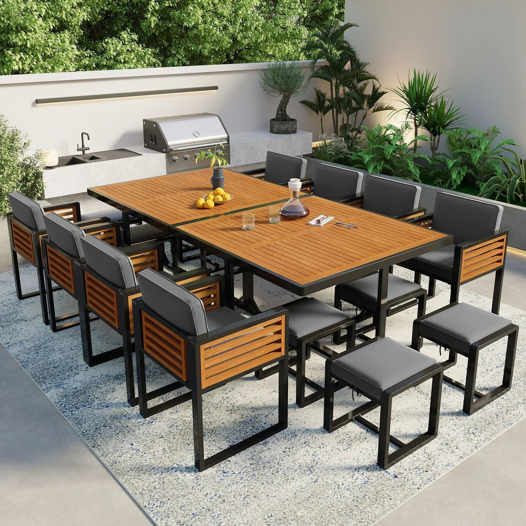 Juego de comedor de patio de 18 piezas de madera de acacia, con 8 sillas acolchadas, 8 otomanas y 2 mesas cuadradas