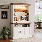 183 cm hoher Kaffeebarschrank im Landhausstil mit LED-Beleuchtung, Küchenbuffet mit Türen und Schublade, verstellbaren Regalböden und geräumigem Stauraum