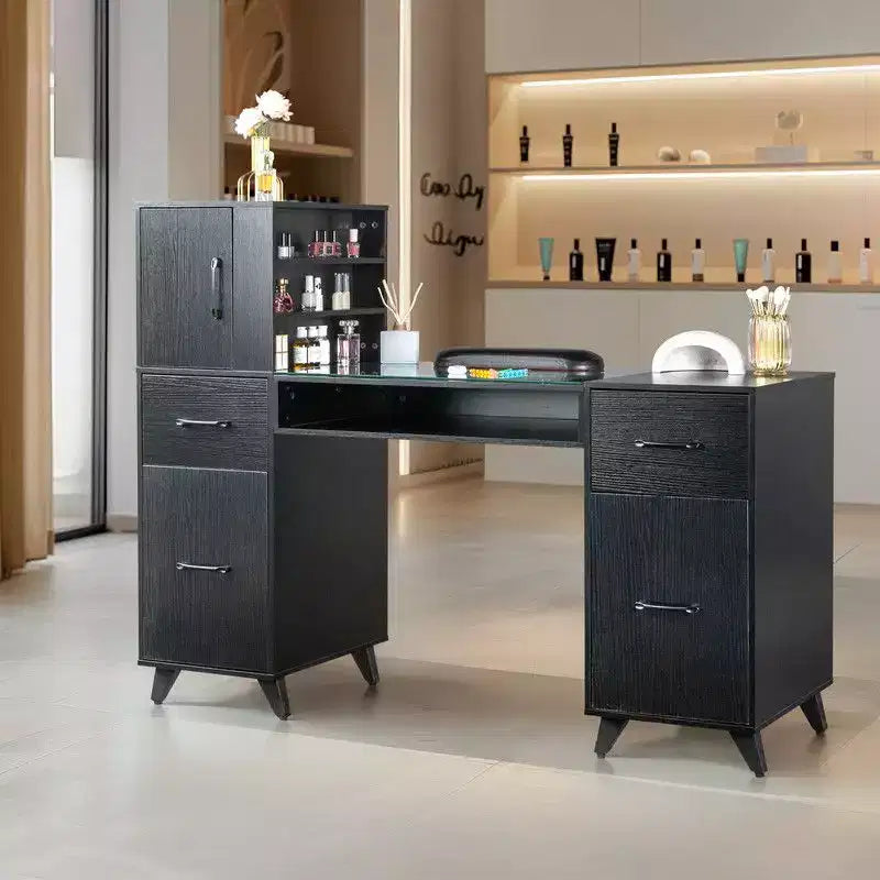 Tavolo da manicure moderno nero e rosa con piano in vetro e poggiapolsi, postazione singola