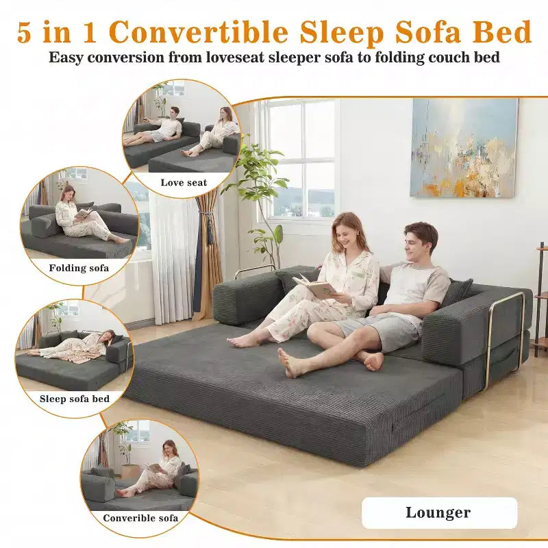 Dyonery 78 opvouwbare slaapbank, corduroy bank, kingsize vloerslaapbank, 4-in-1 doe-het-zelf modulaire combinatiebank, uitklapbaar, comfortabele bank.