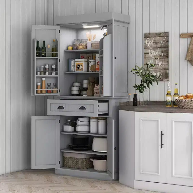 Credenza dispensa da cucina da 71 con luci LED, 6 ripiani sulle ante, un cassetto e 4 ripiani regolabili