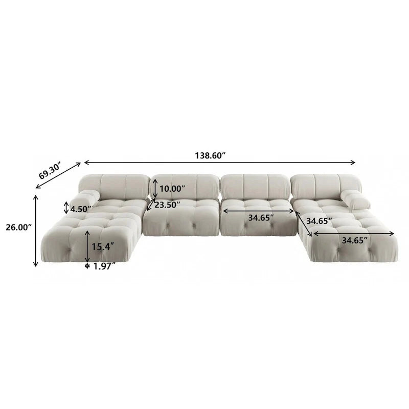 138' umbaubares modulares Ecksofa, U-förmige minimalistische Samtsofas
