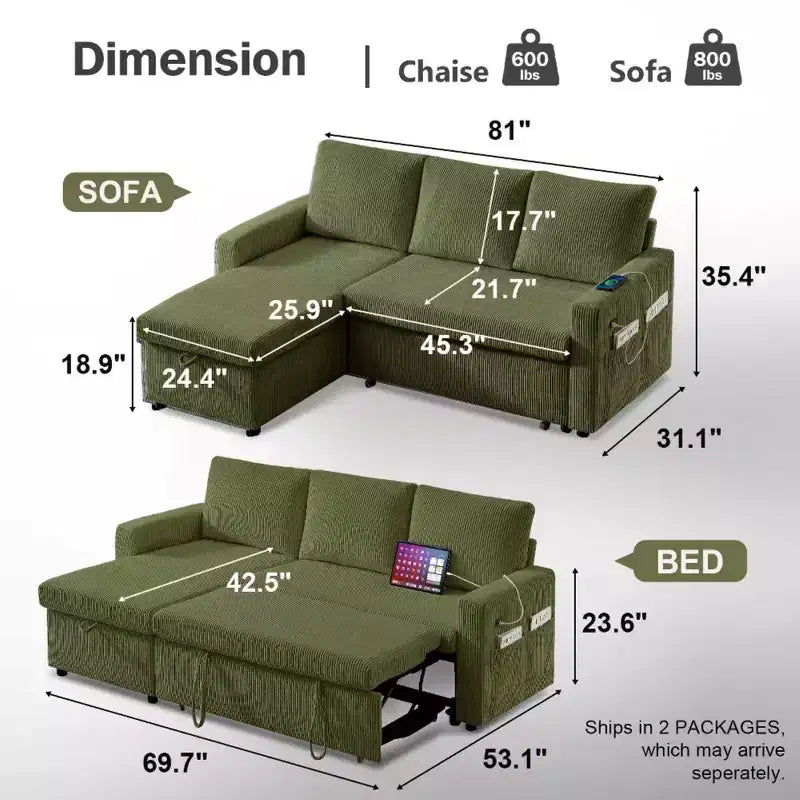 Sofá cama extraíble 2 en 1 Dyonery con chaise longue con almacenamiento, sofá seccional de pana C con puertos USB para sala de estar