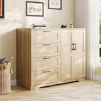 Armario ropero de madera de 43,3 pulgadas de alto con 4 cajones y barra para colgar, gabinete multifuncional de almacenamiento de ropa para dormitorio con cómoda