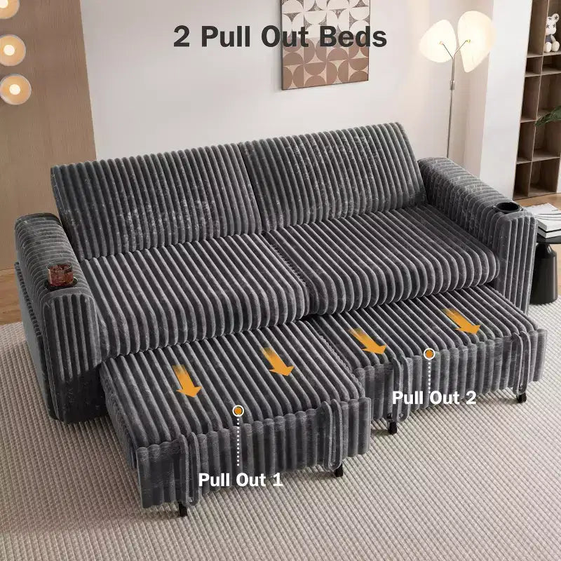 Dyonery 91 Eckschlafsofa mit ausziehbarem Bett, verstellbarer Rückenlehne, zwei ausziehbaren Betten, USB-Anschlüssen und Getränkehaltern, weicher Cordbezug