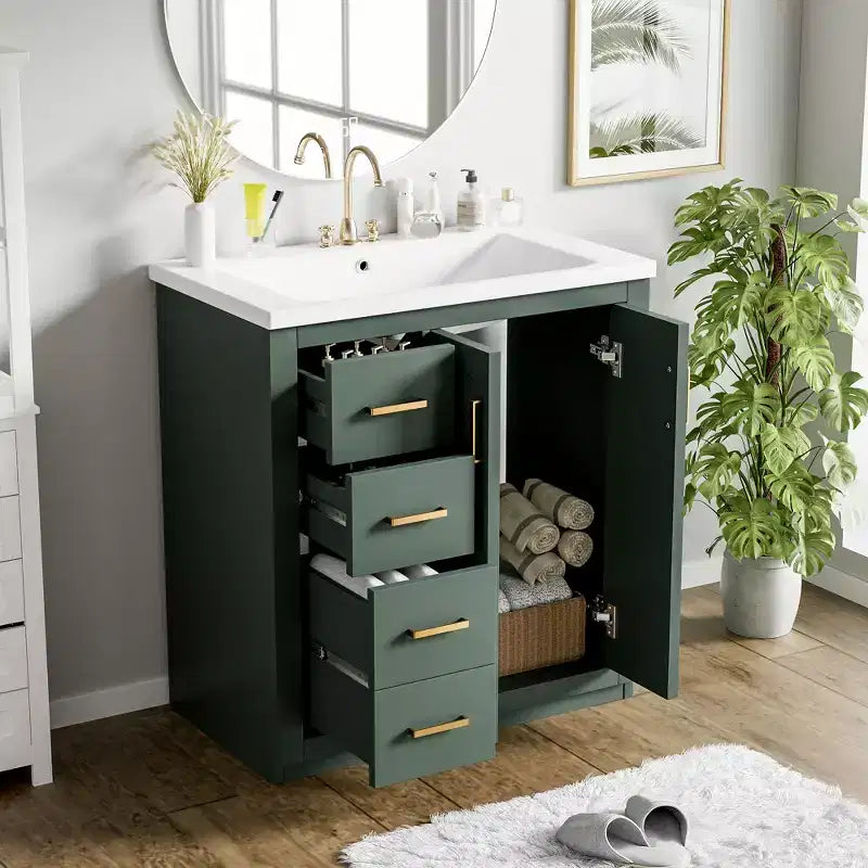 Meuble-lavabo de salle de bains de 30 po à lavabo simple, avec armoire et 3 tiroirs – noir / bleu / vert / indigo / blanc