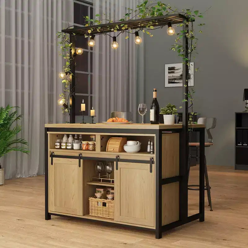 Isola da cucina, scaffale da panettiere con porta scorrevole in stile fienile, grande isola da cucina da 42' con supporto per microonde a 3 ripiani, ripiani per forno e set da tavolo da caffè