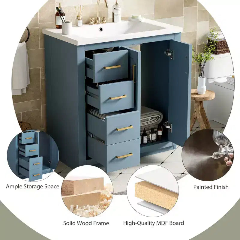 Meuble-lavabo de salle de bains de 30 po à lavabo simple, avec armoire et 3 tiroirs – noir / bleu / vert / indigo / blanc