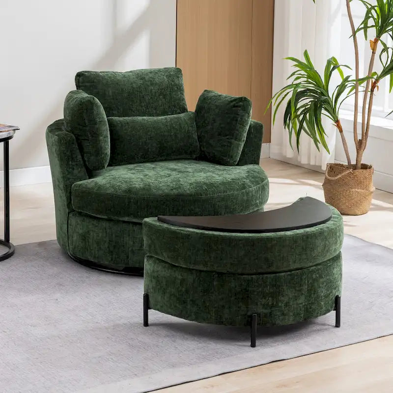 Sillón decorativo giratorio tapizado de 42.3W con 4 cojines y otomana de almacenamiento en forma de media luna