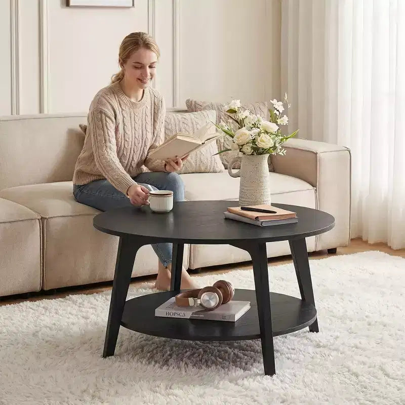 Tavolino da caffè rotondo color miele con 2 livelli contenitori, misura 31,5 x 17,7 pollici, ideale per il soggiorno