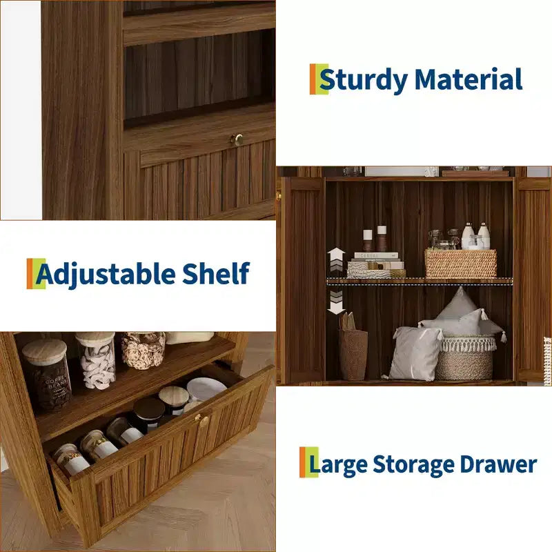 Libreria ad arco da 72" con cassetto contenitore, mobile espositore moderno in legno a 6 ripiani con scaffali aperti e cassetto inferiore, anta curva