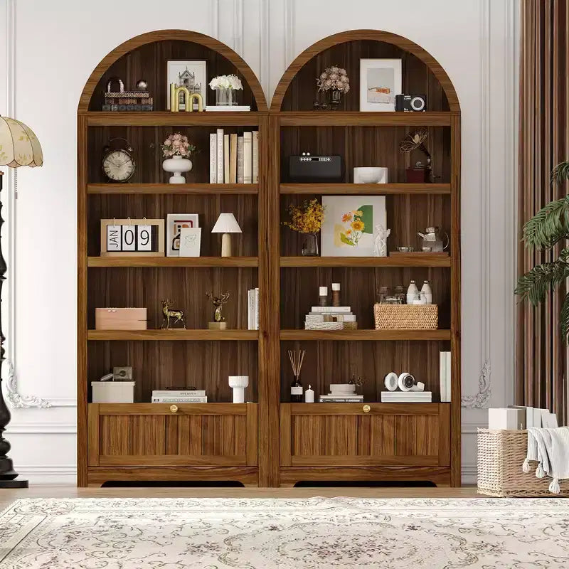 Libreria ad arco da 72" con cassetto contenitore, mobile espositore moderno in legno a 6 ripiani con scaffali aperti e cassetto inferiore, anta curva