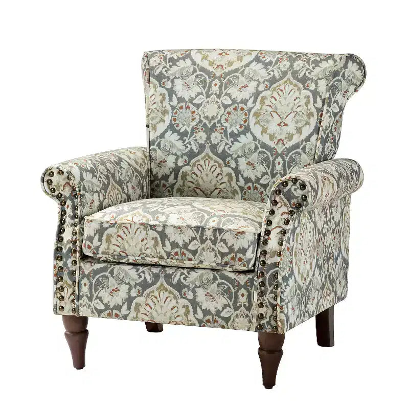 Poltrona tradizionale Araceli in legno, rivestita con motivo floreale, con schienale alto e bordatura a borchie| ART OF LIVING DESIGNS