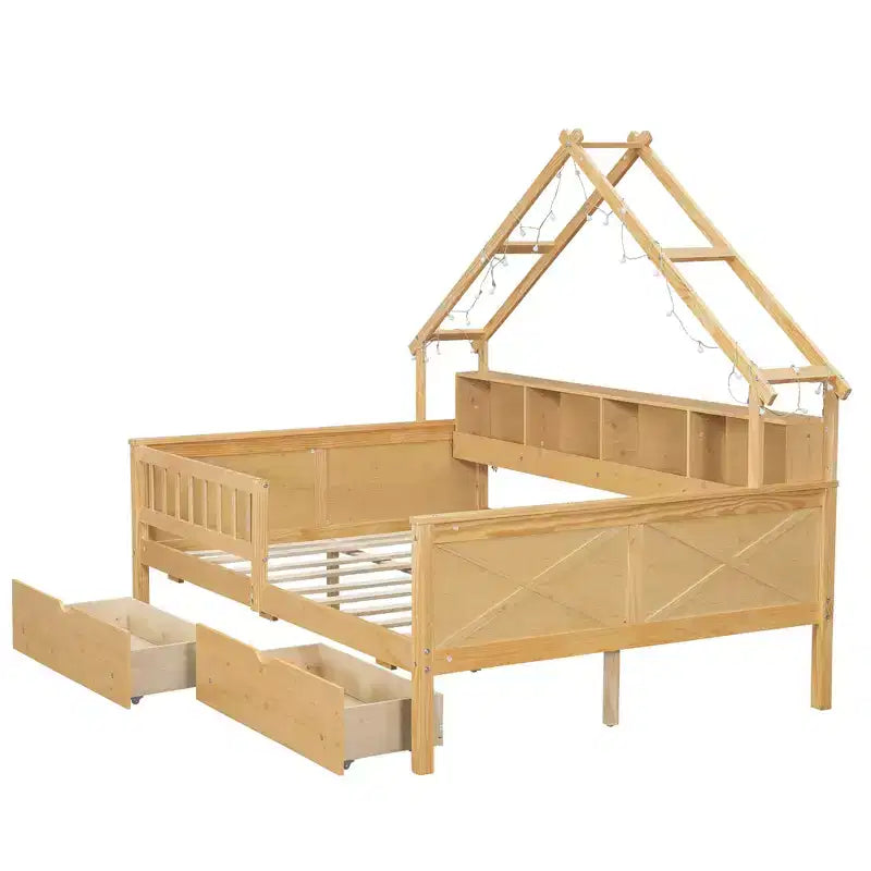 Estructura de cama tipo casita de tamaño completo con cajones, cama plataforma tipo casita con luces LED, estantes y cajones de almacenamiento, diván de madera con techo y barandilla