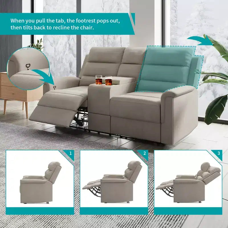 Μπεζ/γκρι ανακλινόμενος διθέσιος καναπές από τεχνικό ύφασμα, με ρυθμιζόμενη πλάτη και υποπόδιο
