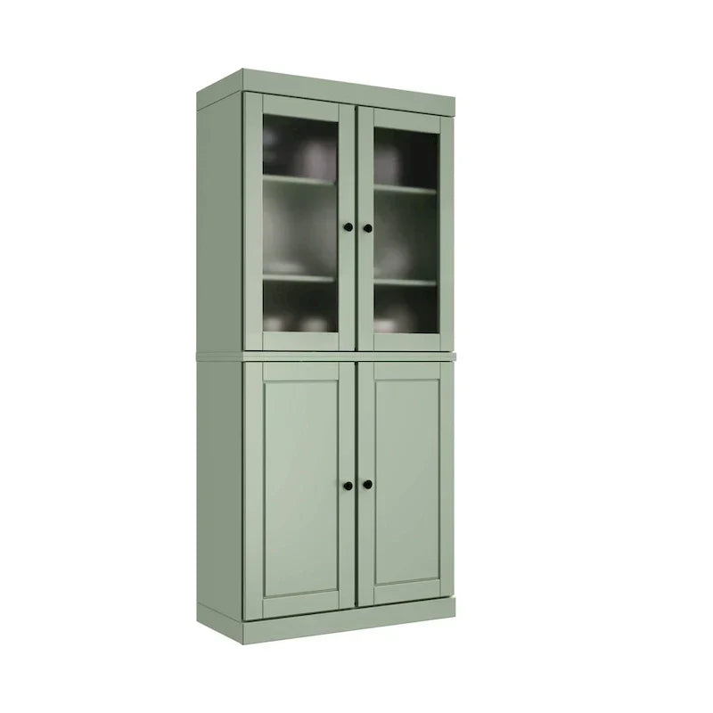 Armario despensa 100 % de madera maciza con puertas de vidrio esmerilado, puertas sólidas, 2 cajones y estantes ajustables