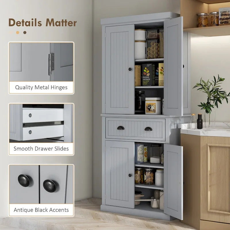 Dispensa da cucina da 72 pollici, mobile tradizionale indipendente con 4 ante e 3 ripiani regolabili, ampio cassetto centrale