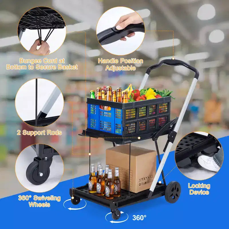 Carrelli pieghevoli per la spesa a 2 livelli, portata di 198 libbre, carrello portaspesa pieghevole e portatile con ruote e cassa rimovibile per centro commerciale e mercato, blu