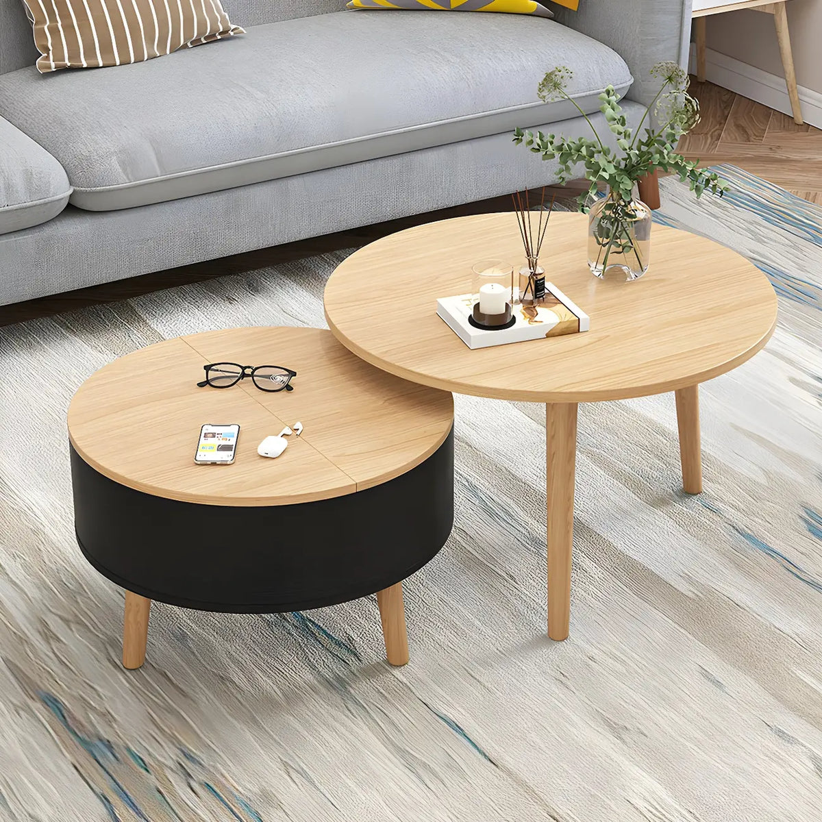 Tavolino da caffè moderno rotondo in legno bianco e nero con contenitore