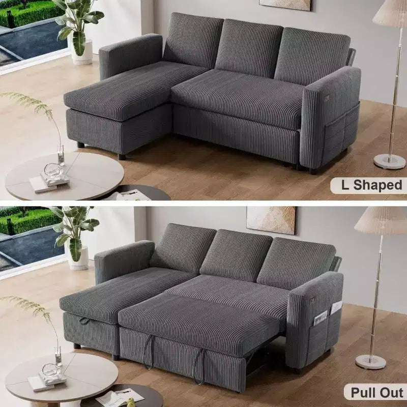 Sofá cama extraíble 2 en 1 Dyonery con chaise longue con almacenamiento, sofá seccional de pana C con puertos USB para sala de estar