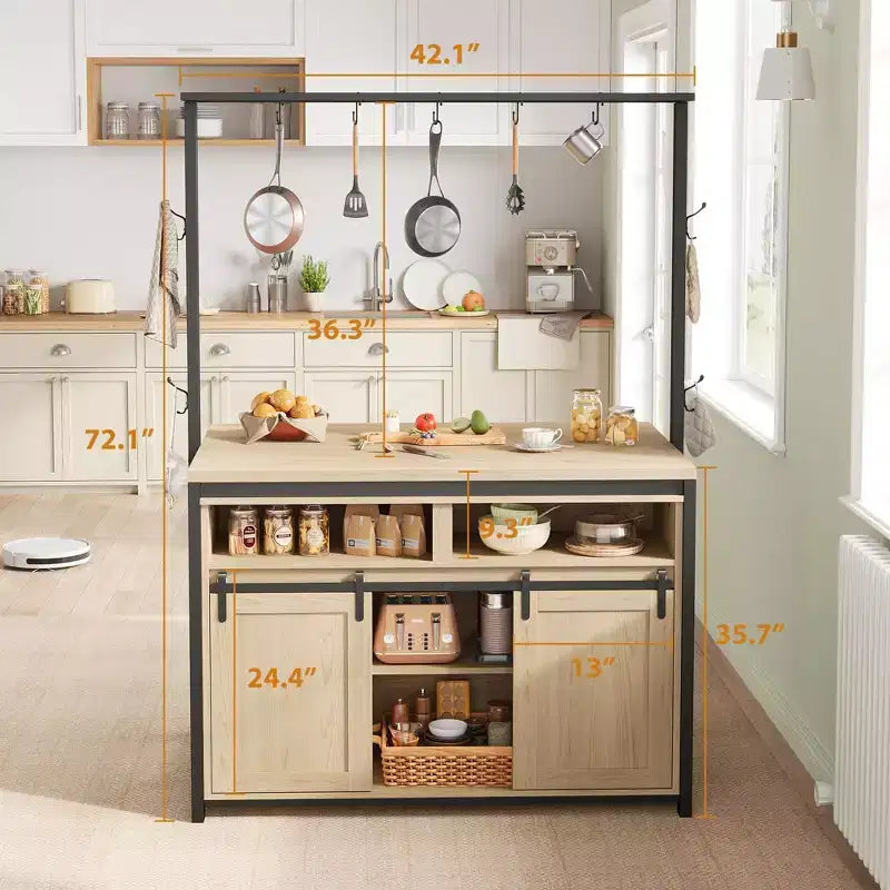 Isola da cucina, scaffale da panettiere con porta scorrevole in stile fienile, grande isola da cucina da 42' con supporto per microonde a 3 ripiani, ripiani per forno e set da tavolo da caffè