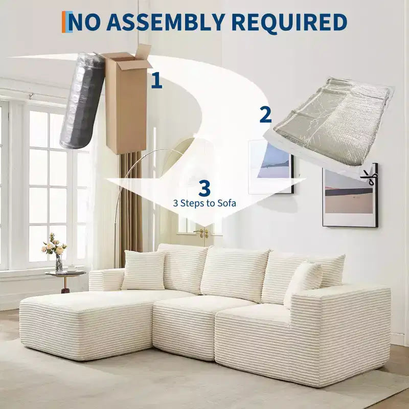 Sofá moderno 108, sofá tapizado de 3 plazas en forma de L con cojines, asiento profundo, no requiere montaje