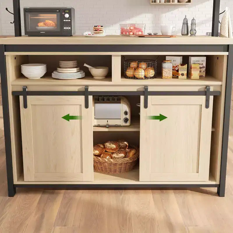 Isola da cucina, scaffale da panettiere con porta scorrevole in stile fienile, grande isola da cucina da 42' con supporto per microonde a 3 ripiani, ripiani per forno e set da tavolo da caffè